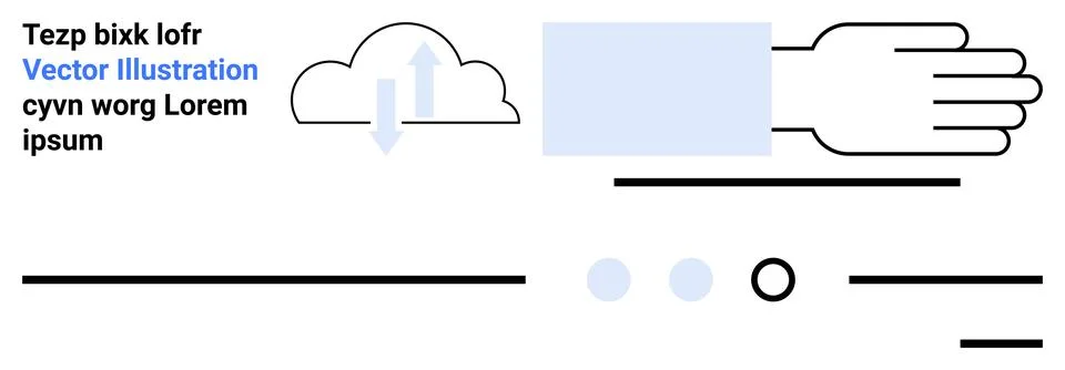 Cloud with arrows, hand, rectangle, text, lines, dots. Ideal for tech, busine Stock Illustration