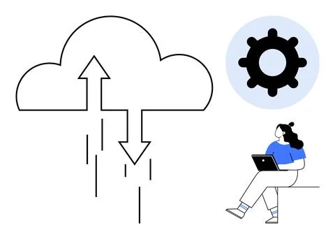 Cloud with arrows indicating data transfer, gear representing settings, user  Stock Illustration