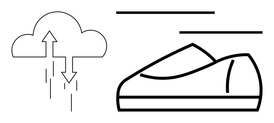 Cloud with arrows indicating precipitation next to an outlined shoe, suggesti Illustrazione stock