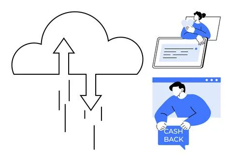 Cloud with arrows indicating upload and download. Woman using digital tablet  Illustrazione stock