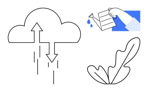 Cloud with arrows symbolizing water cycle, hand watering plant, and large l.. Stock Illustration