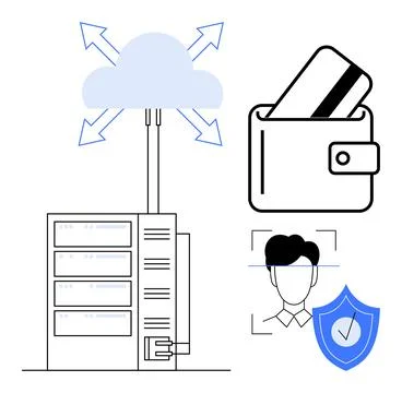 Cloud with arrows, wallet with card, data server, face scan, shield lock. Ide Illustrazione stock