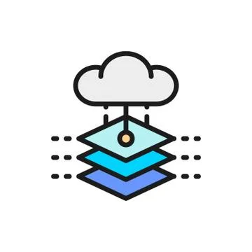 Cloud with artificial intelligence server, database, big data color line icon. Stock Illustration