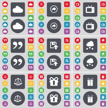 Cloud, Back, Retro TV, Quotation mark, Floppy, Cloud, Scales, Gift icon symbol. Stock Illustration