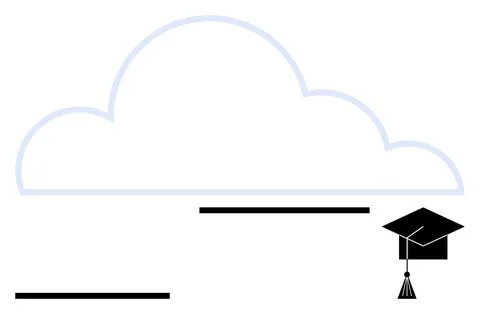Cloud backdrop paired with a graduation hat conveys educational innovation, o Stock Illustration