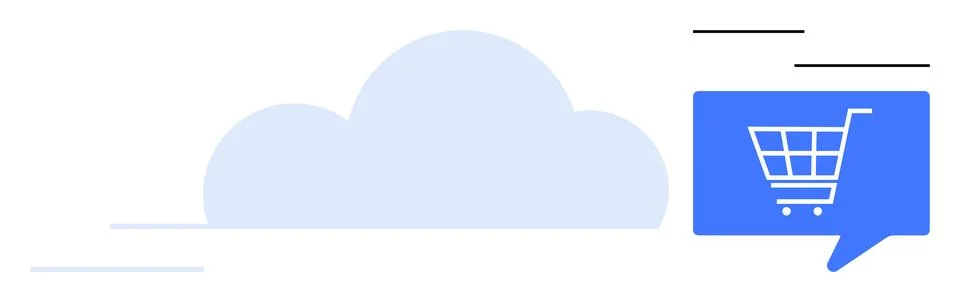 Cloud background with blue speech bubble containing shopping cart icon. Ideal Stock Illustration
