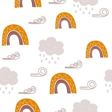 Cloud Background scandinavian style, cute Rainbow baby Seamless Pattern, Cartoon Stock Illustration