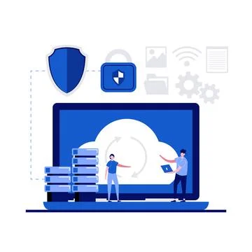 Cloud backup service backup solution concept with character. People with ne.. Stock Illustration