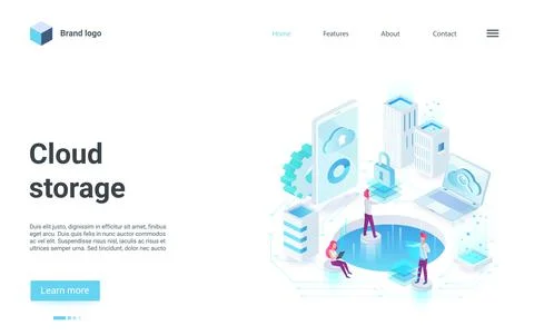 Cloud backup storage concept isometric landing page, cloud office workplace Stock Illustration