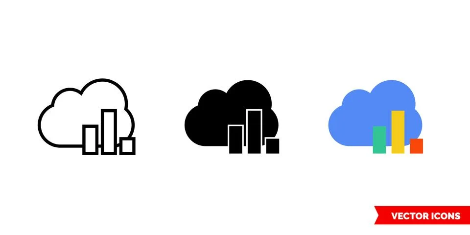 Cloud bar chart icon of 3 types color, black and white, outline. Isolated vec Stock Illustration