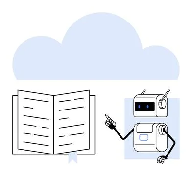 Cloud-Based AI Learning Robot Pointing to Open Book Under Cloud Illustrazione stock