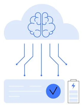 Cloud-Based Artificial Intelligence Concept with Brain, Check Mark, and Batte Illustrazione stock
