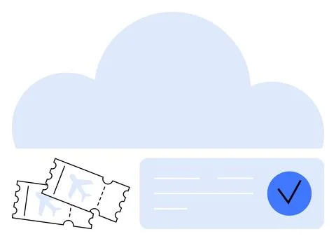 Cloud-Based Booking System Displaying Airline Tickets and Digital Approval .. Illustrazione stock