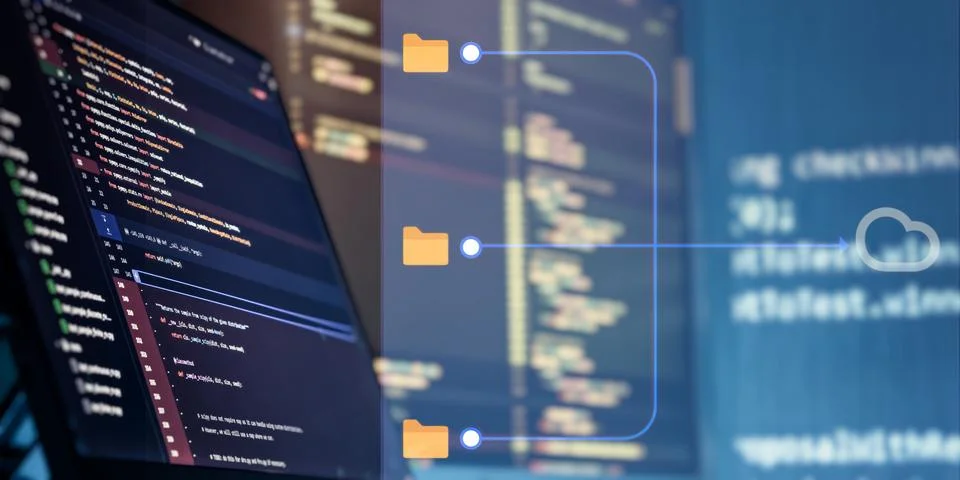 Cloud-based code management and data storage concept 库存照片