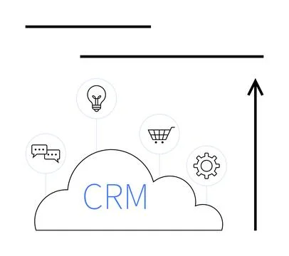 Cloud-Based CRM Concept with Shopping Cart, Messaging, Lightbulb, and Gear .. Illustrazione stock