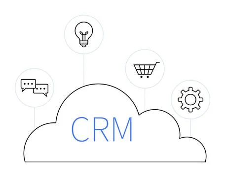 Cloud-Based CRM Illustration Featuring Communication, Innovation, E-commerc.. Illustrazione stock