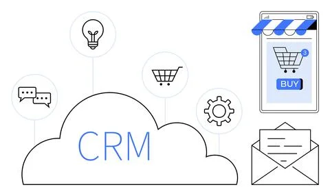 Cloud-Based CRM for Online Shopping and Effective Communication Solutions Illustrazione stock