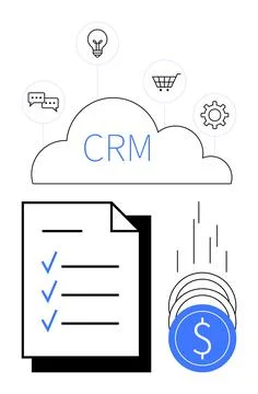 Cloud-Based CRM System with Checklist, Money, and Key Business Icons Illustrazione stock