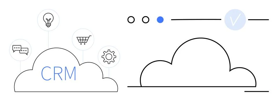 Cloud-based CRM system with icons for communication, light bulb, shopping car Illustrazione stock