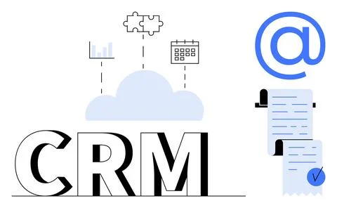 Cloud-Based CRM System Integration with Analytics, Puzzle, and Email Features Illustrazione stock