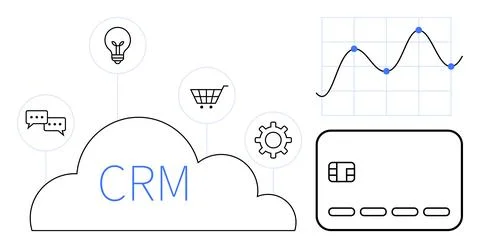 Cloud-Based CRM Tools and Analytics with Light Bulb, Gear, Shopping Cart, a.. Illustrazione stock