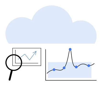 Cloud-Based Data Analysis Exploring Trends with Graphs and Magnifying Glass 스톡 일러스트