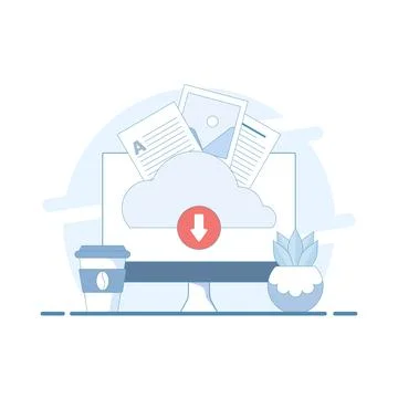 Cloud Based Data Upload Concept. Cloud Storage with Documents. Illustrazione stock