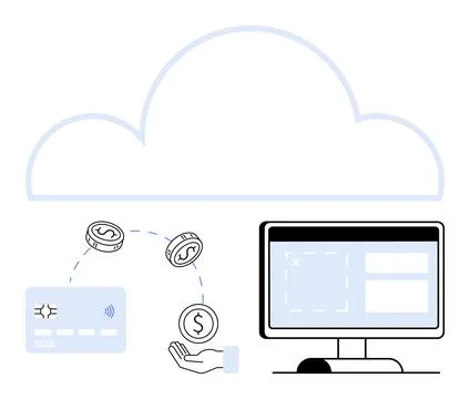 Cloud-based digital transaction with coins, bank card, and computer screen Illustrazione stock