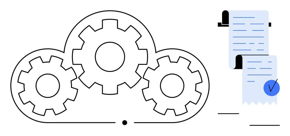 Cloud-Based Document Processing Concept with Gears and Checkmarked Receipt Illustrazione stock
