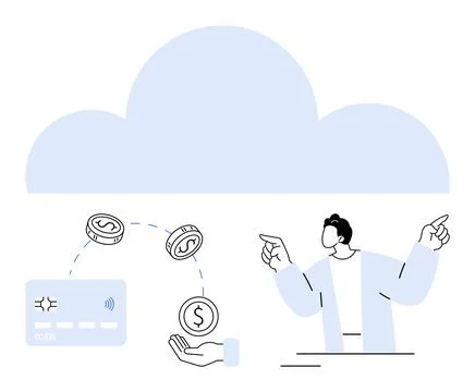 Cloud-based Finance Concept with Dollar Coins, Credit Card, and Businessman.. Illustrazione stock