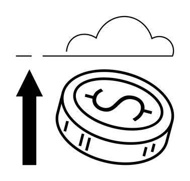 Cloud-based financial growth concept with upward arrow, coin, and cloud ico.. Illustrazione stock