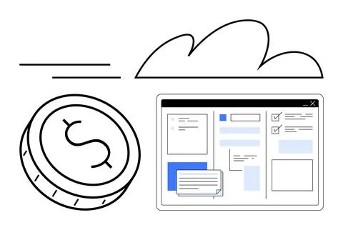 Cloud-Based Financial Management Concept with Digital Coin and Online Dashboa 库存插图