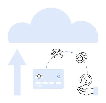 Cloud-based Financial Transactions with Credit Card, Coins, Hand and Upward.. Illustrazione stock