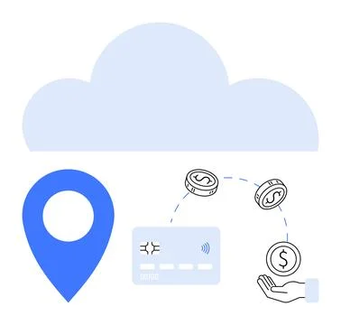 Cloud-based financial transactions with location pin and currency symbols Illustrazione stock