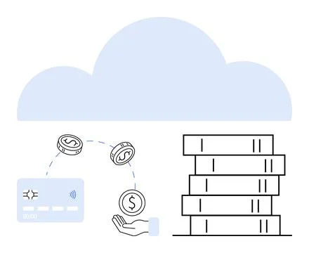 Cloud-based financial transactions represented by a credit card, coins, and.. Stock Illustration