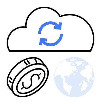Cloud-based Global Currency Exchange Concept with Coin, Cloud, and Earth Icon Illustrazione stock