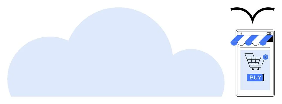 Cloud-Based Online Shopping Concept with Mobile Storefront and Flying Deliver Illustrazione stock