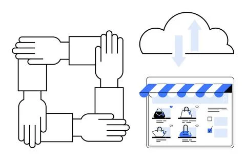 Cloud-based Online Store with Teamwork and Collaboration Symbolized by Join.. Stock Illustration