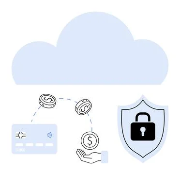 Cloud-based payment security with hands exchanging coins, credit card, and .. Illustrazione stock