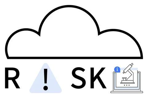 Cloud-based risk management concept with exclamation sign and microscope on.. Illustrazione stock