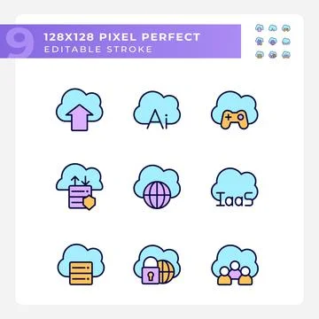 Cloud based service for data processing pixel perfect RGB color icons set Illustrazione stock