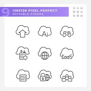 Cloud based service for data processing pixel perfect linear icons set Stock Illustration