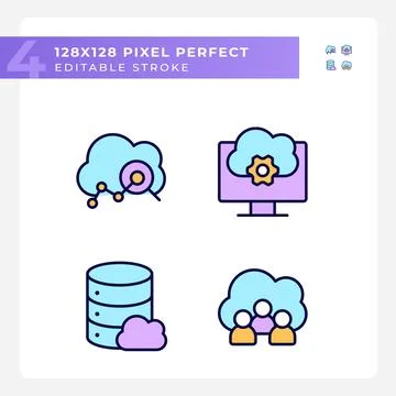 Cloud based service pixel perfect RGB color icons set 스톡 일러스트