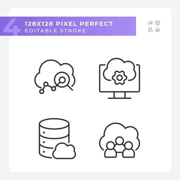 Cloud based service pixel perfect linear icons set 스톡 일러스트