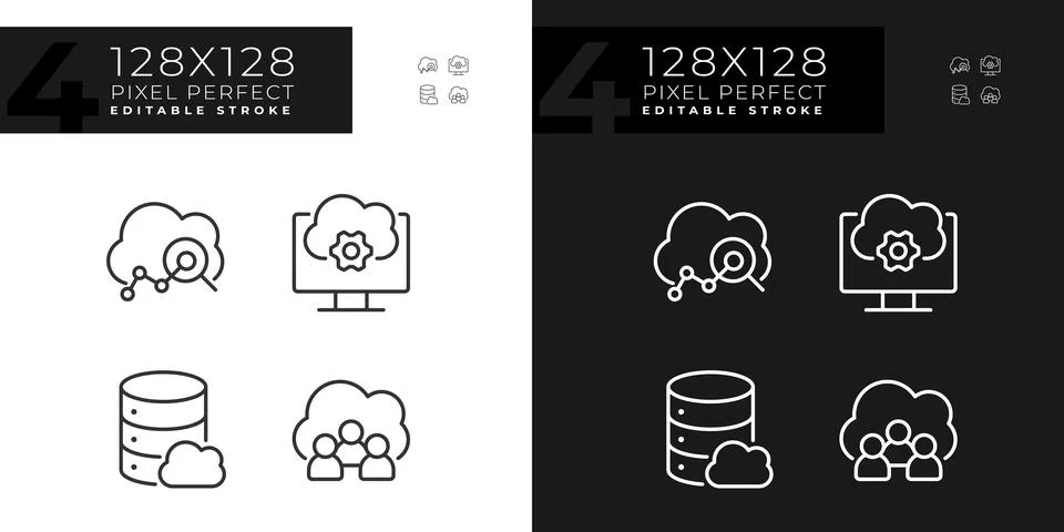 Cloud based service pixel perfect linear icons set for dark, light mode 스톡 일러스트
