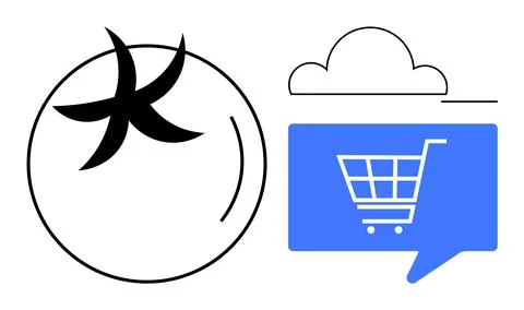 Cloud-based Shopping with Blue Cart in Speech Bubble and Abstract Swirl Desig Illustrazione stock