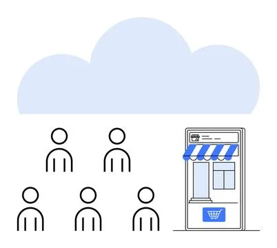 Cloud-Based Shopping Concept with Online Storefront and Multiple Customers Illustrazione stock