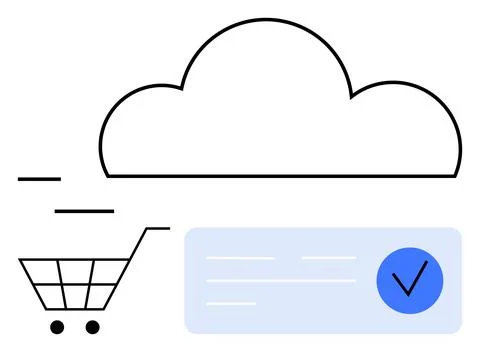 Cloud-Based Shopping Concept with Shopping Cart and Verification Checkmark Illustrazione stock