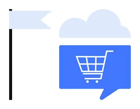 Cloud-Based Shopping Concept with Shopping Cart in Speech Bubble and Flag Illustrazione stock