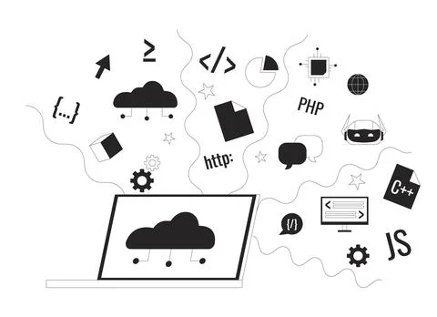 Cloud based software development black and white 2D line cartoon object Stock Illustration